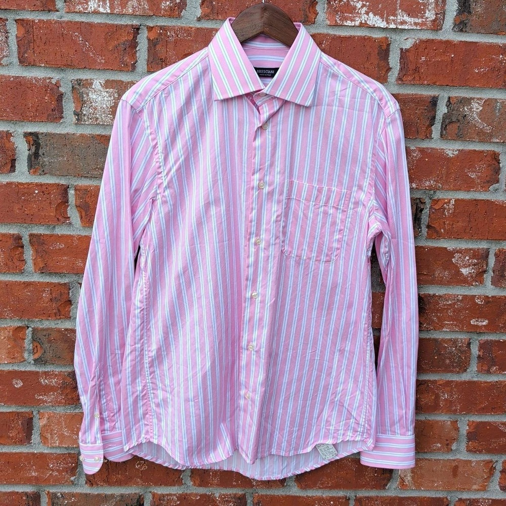 Bresciani Dress Shirt Mens 15.5 Pink White Striped Italian Cotton Long Sleeve